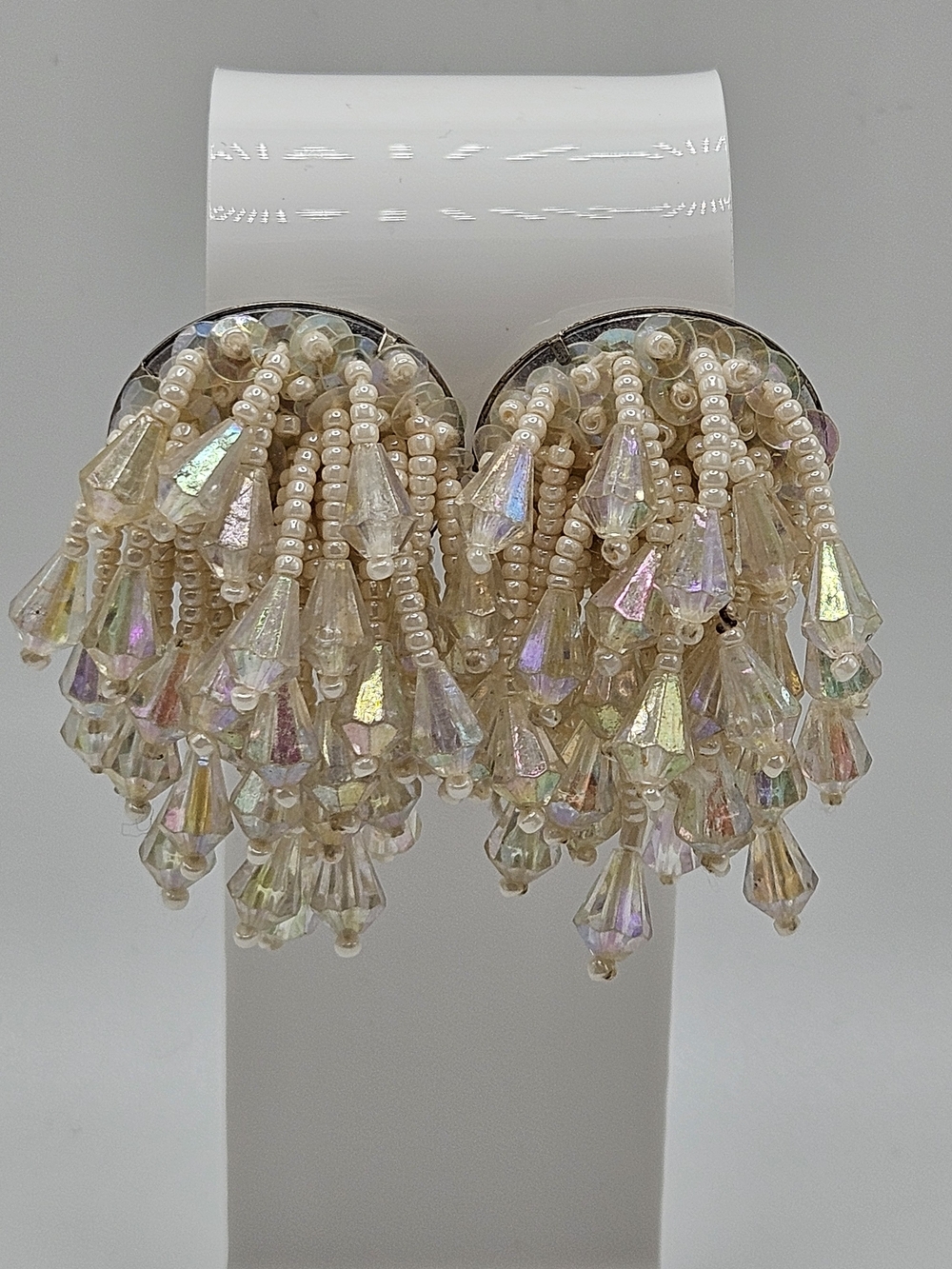 VINTAGE 80s White Beaded Cascade Waterfall Statement Runway Earrings